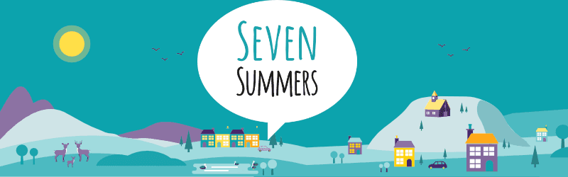 Generic town graphic with a large speech bubble. Text in the speech bubble reads "seven summers".